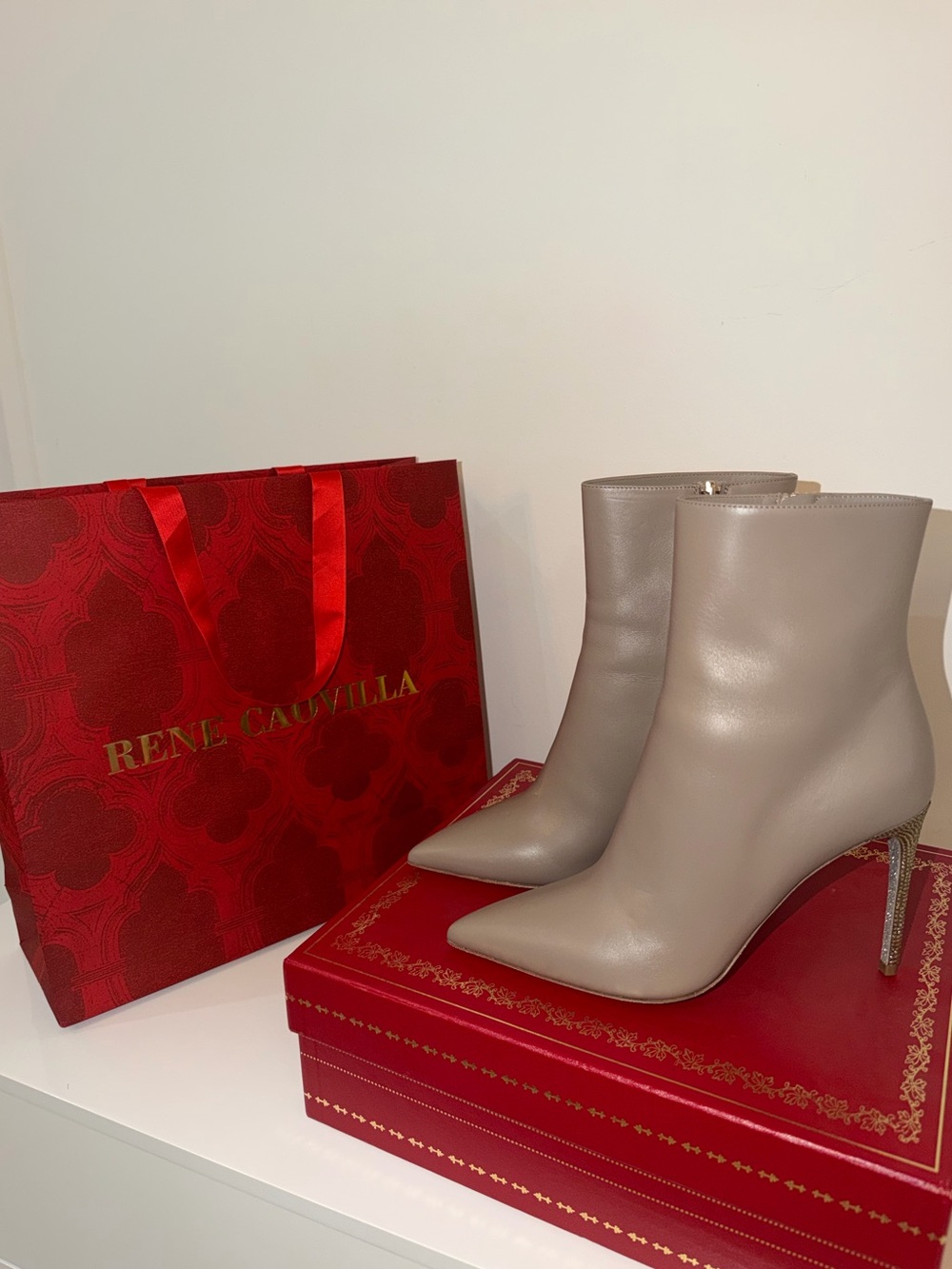 Rene Caovilla Gray Leather Pointed Ankle Boots with Embellished Heel